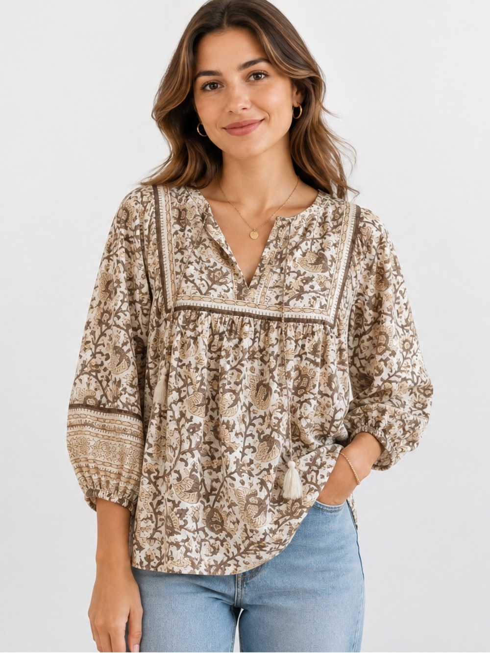 Cleobella Tan/White Flowy Blouse Women’s L